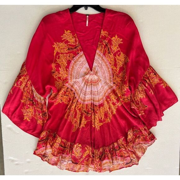 FREE PEOPLE Women Sz S Sunset Dreams Printed Red Tunic Ruffle Top - Picture 5 of 14